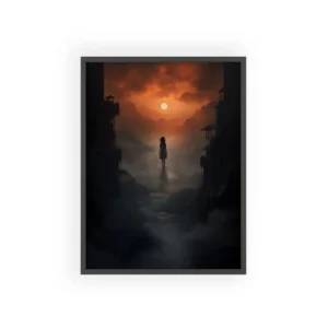 Silhouette in the Golden Corridor: Mysterious Figure Framed Poster
