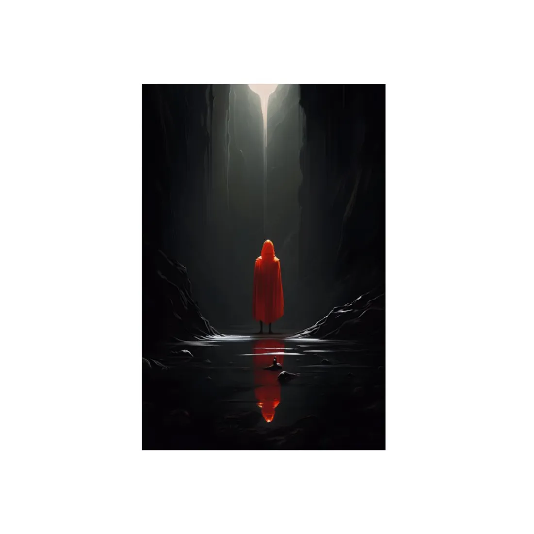 Threshold of Light: Red Cloak Before a Glowing Arch - Metal Poster