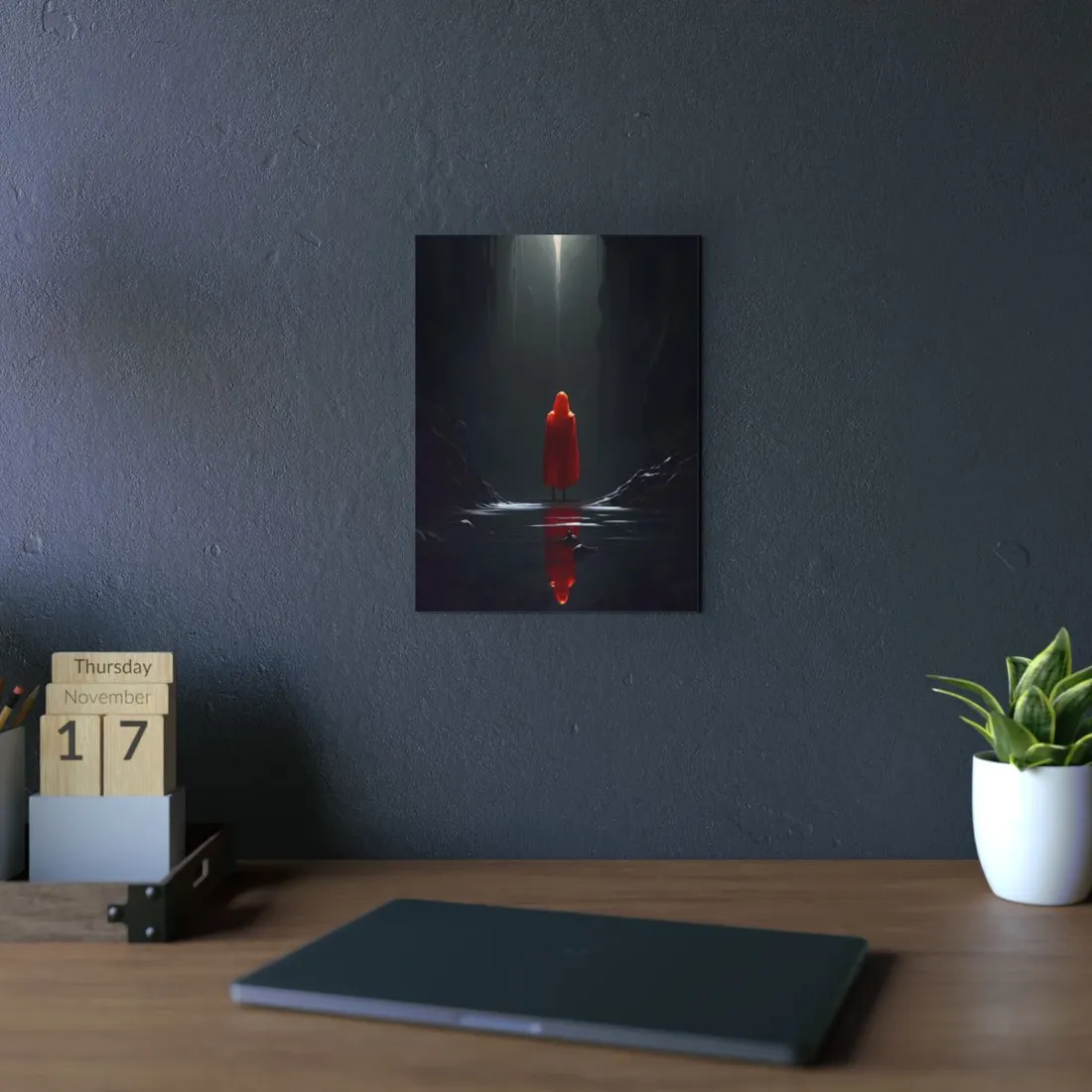 Threshold of Light: Red Cloak Before a Glowing Arch - Metal Poster
