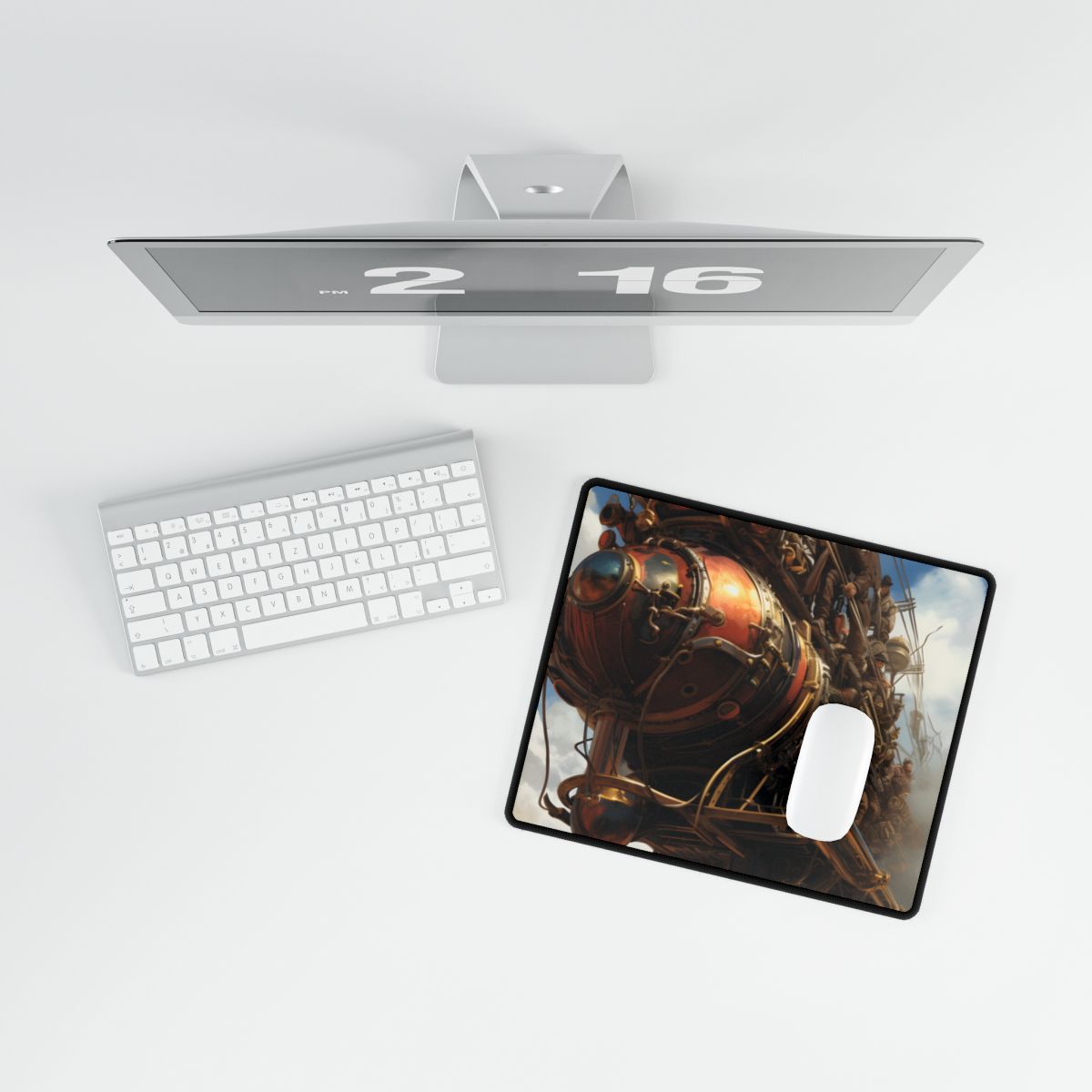Thrilling Steampunk Sky-Liner: Racing Steam Locomotive on Colum - Desk Mat