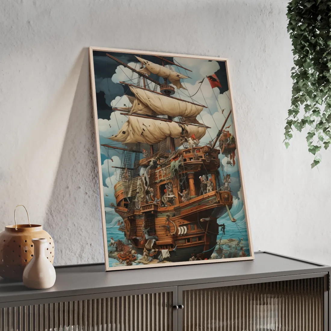 Time-Traveling Pirate Crew: Swashbuckling Adventure Art - Framed Poster