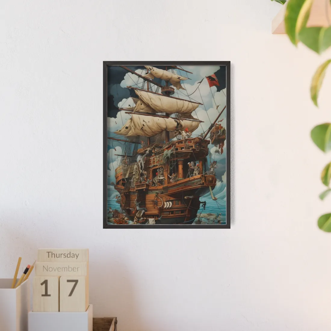 Time-Traveling Pirate Crew: Swashbuckling Adventure Art - Framed Poster