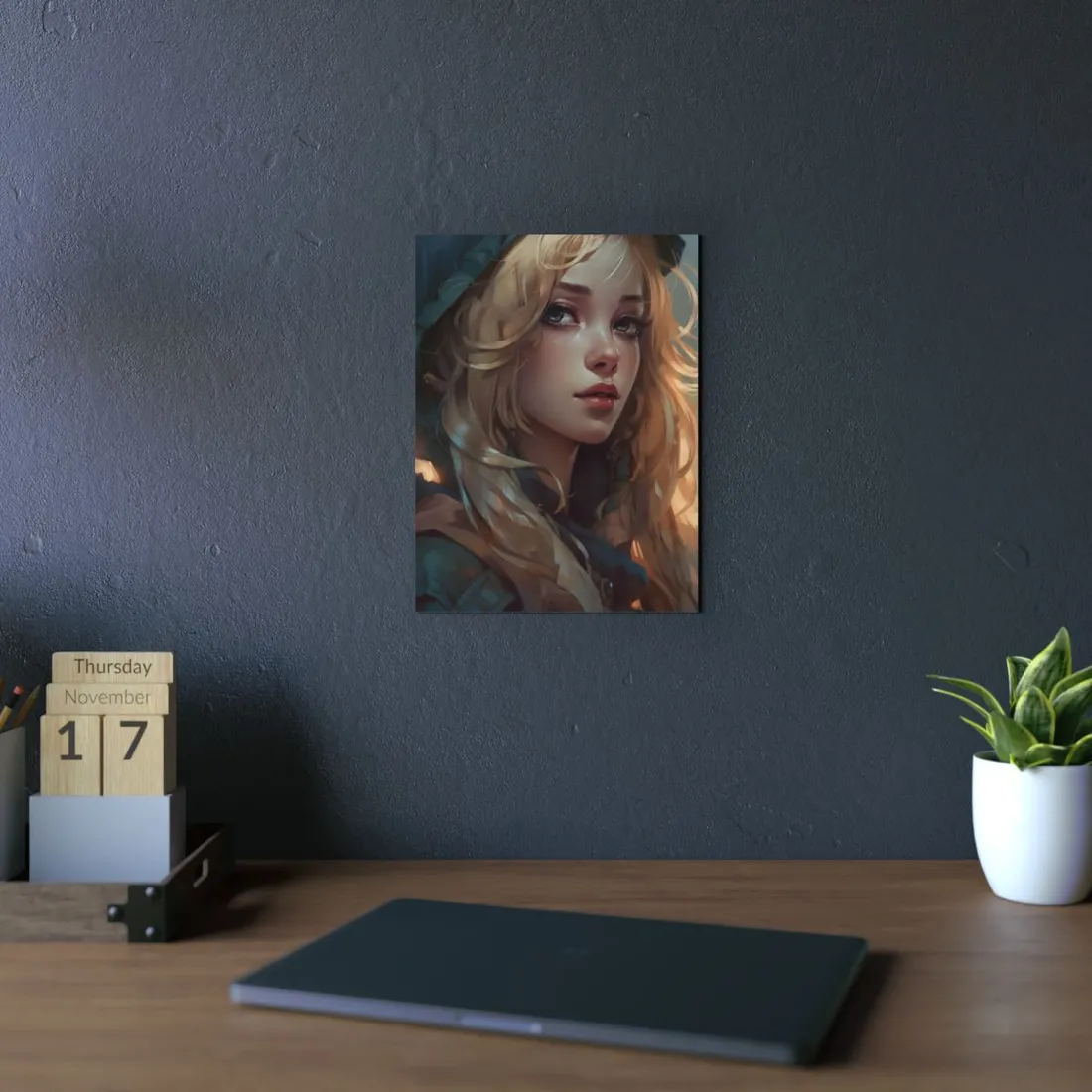 Timeless Blonde Portrait: Elegant Woman in White Background - Metal Poster