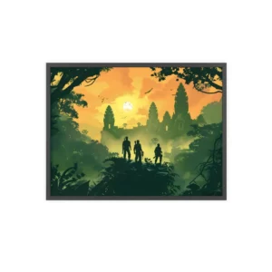 Explorers Overlooking Jungle Temple Framed Poster