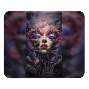 Surreal Face with Purple Eyes Mouse Pad