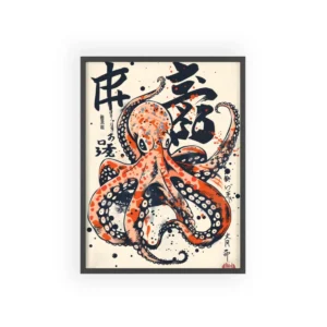 Orange Octopus with Calligraphy Framed Poster