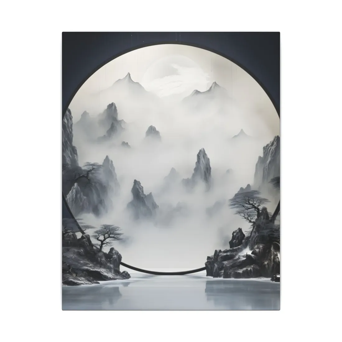 Tranquil Chinese Lake Landscape: Traditional Ink Wash Painting - Canvas