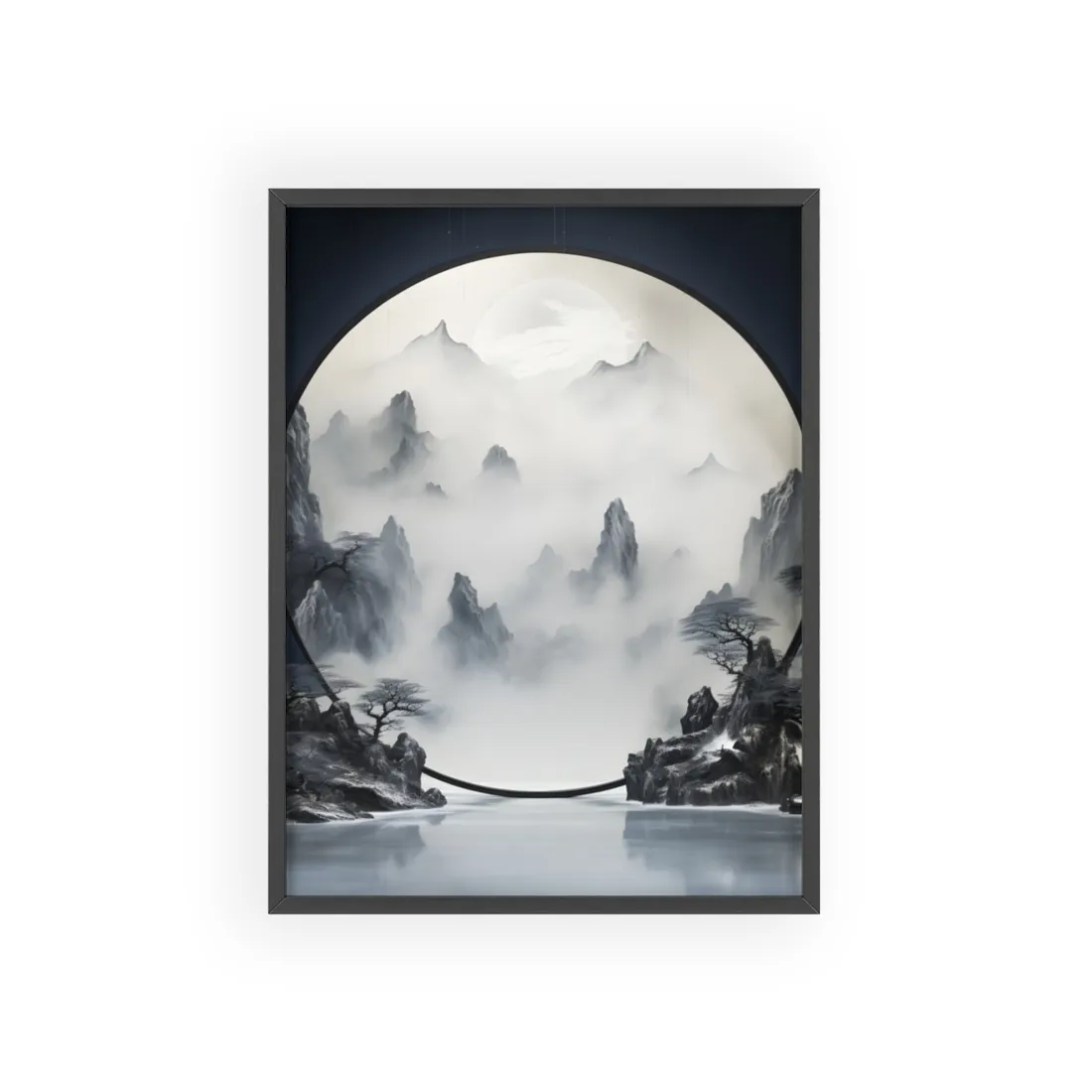 Tranquil Chinese Lake Landscape: Traditional Ink Wash Painting - Framed Poster