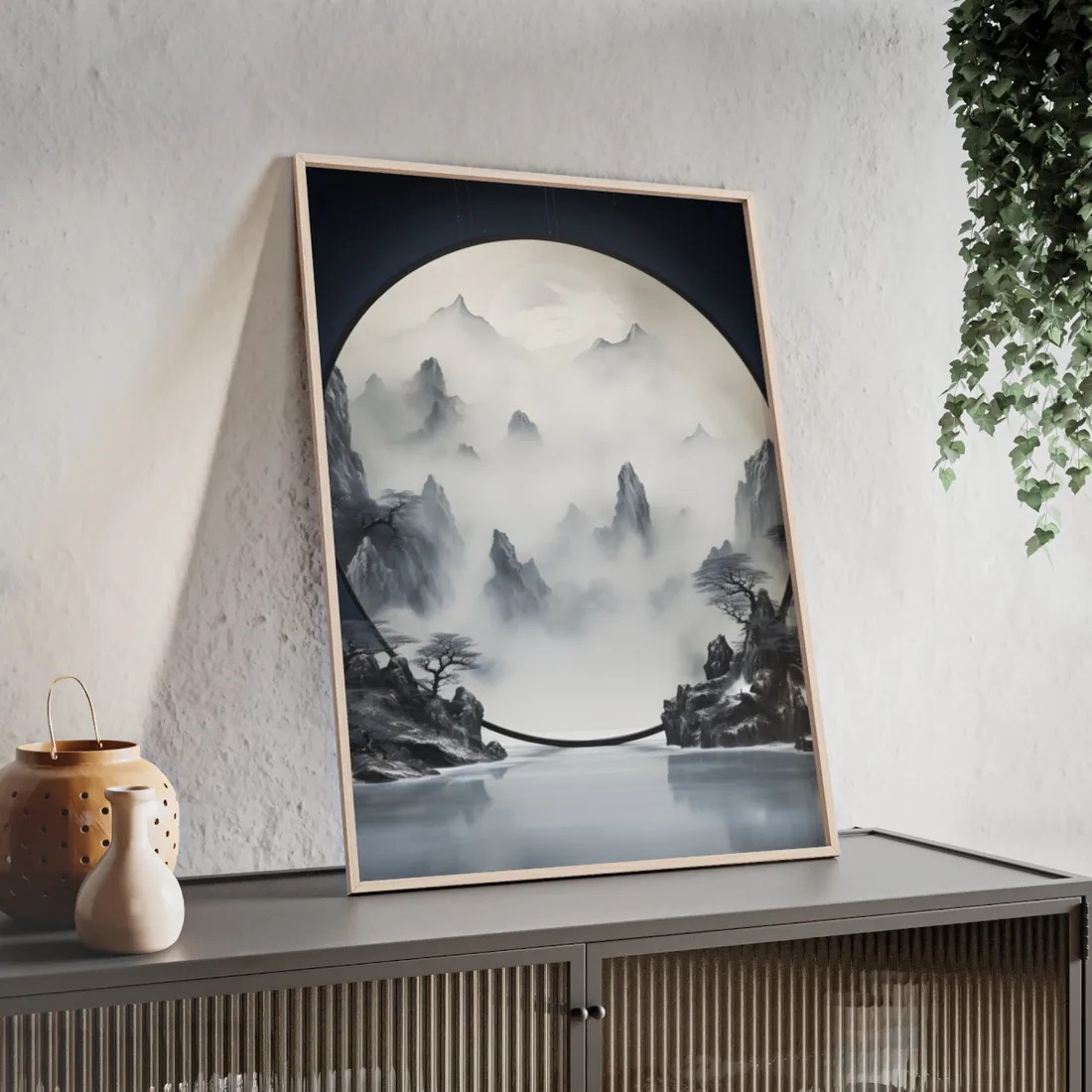 Tranquil Chinese Lake Landscape: Traditional Ink Wash Painting - Framed Poster