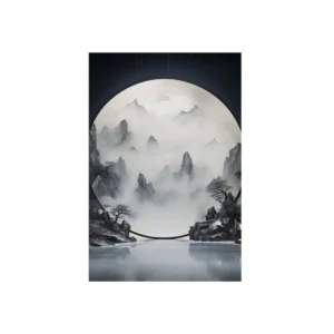 Misty Mountains Through Circular Frame Metal Poster