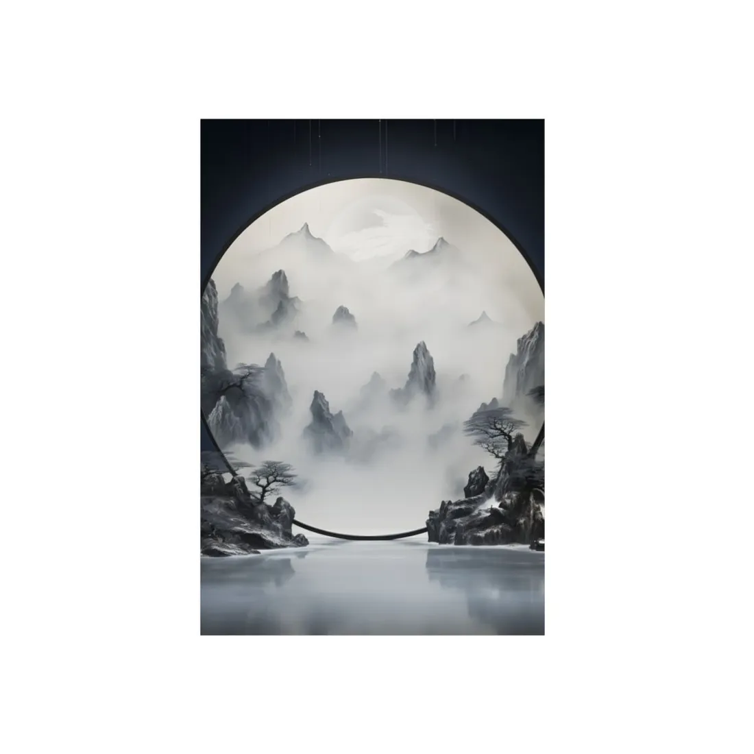 Tranquil Chinese Lake Landscape: Traditional Ink Wash Painting - Metal Poster