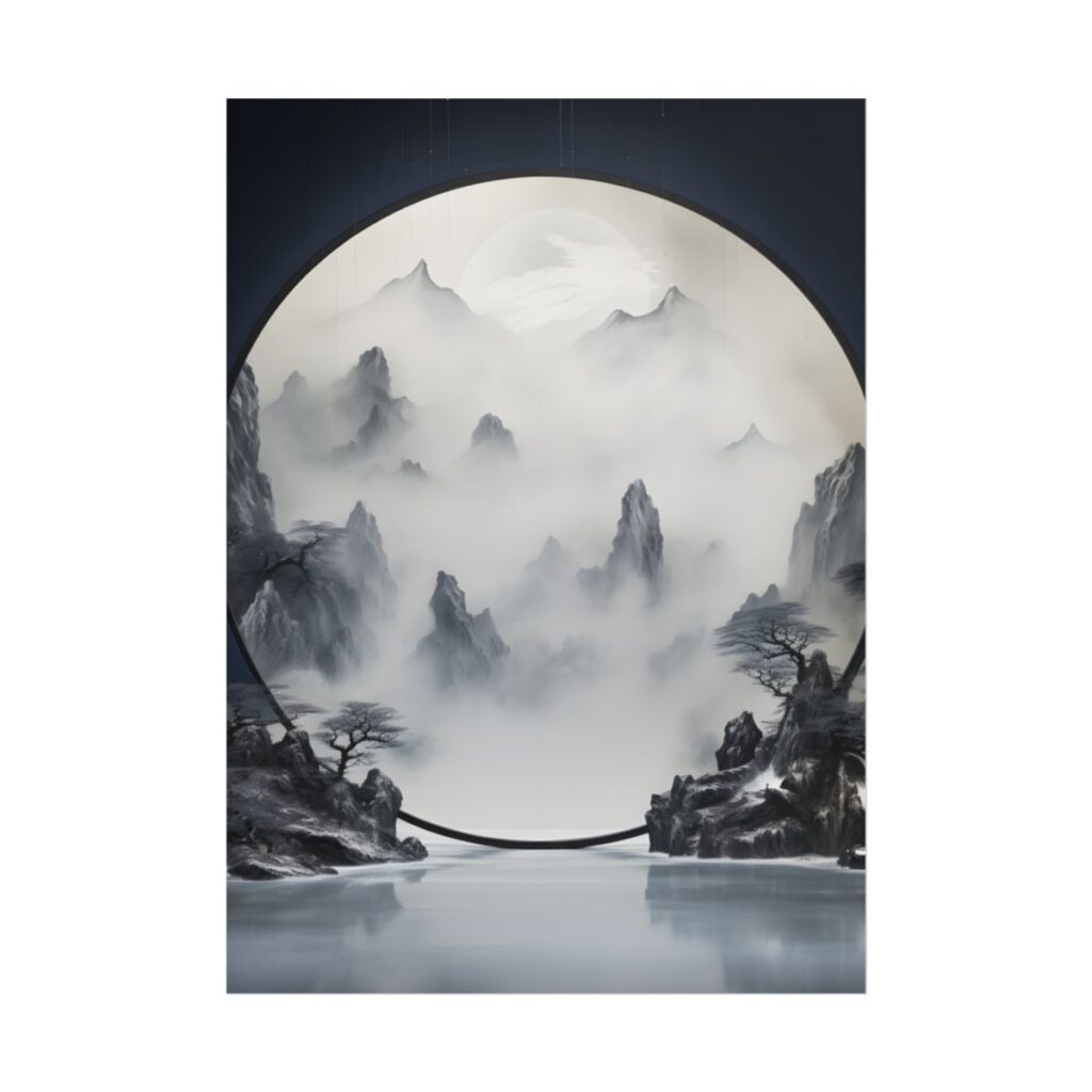 Tranquil Chinese Lake Landscape: Traditional Ink Wash Painting - Poster
