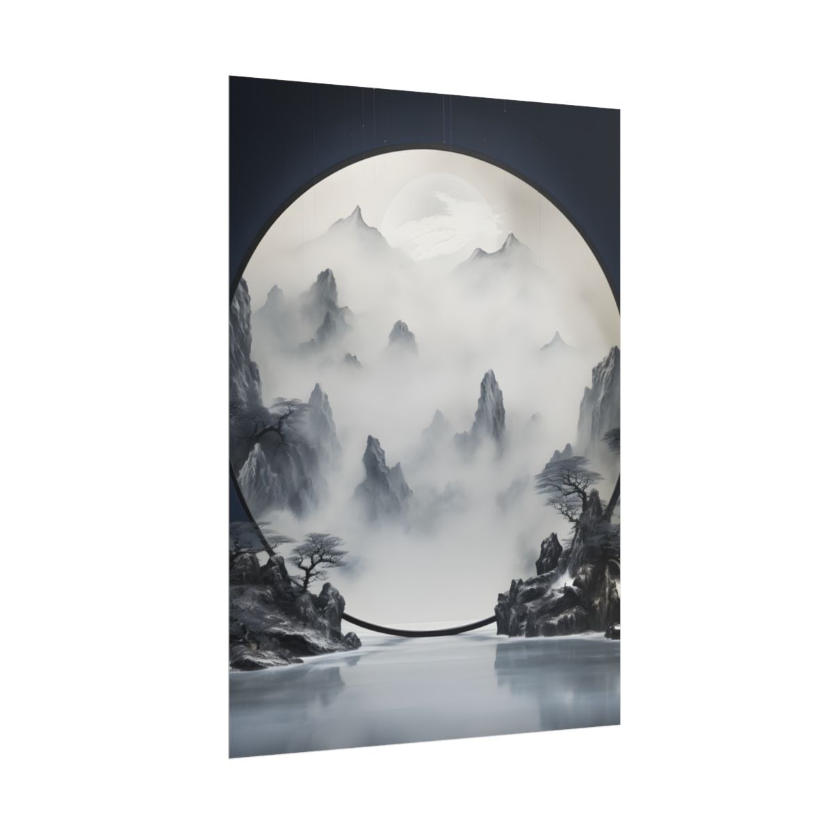 Tranquil Chinese Lake Landscape: Traditional Ink Wash Painting - Poster