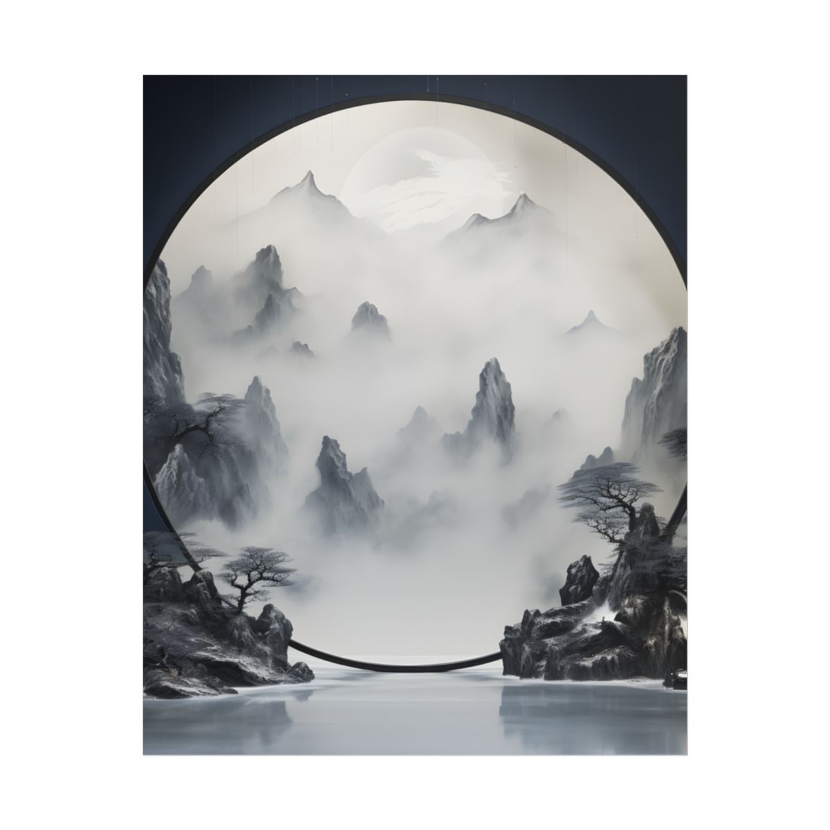 Tranquil Chinese Lake Landscape: Traditional Ink Wash Painting - Poster