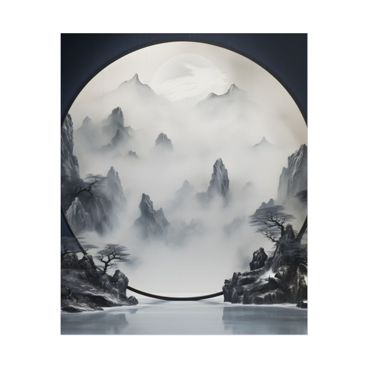 Tranquil Chinese Lake Landscape: Traditional Ink Wash Painting - Poster