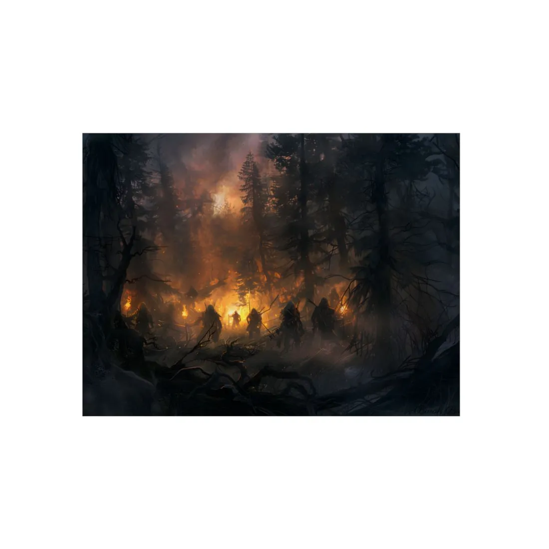 Tranquil Forest Sunset: People Gathered in the Woods - Metal Poster