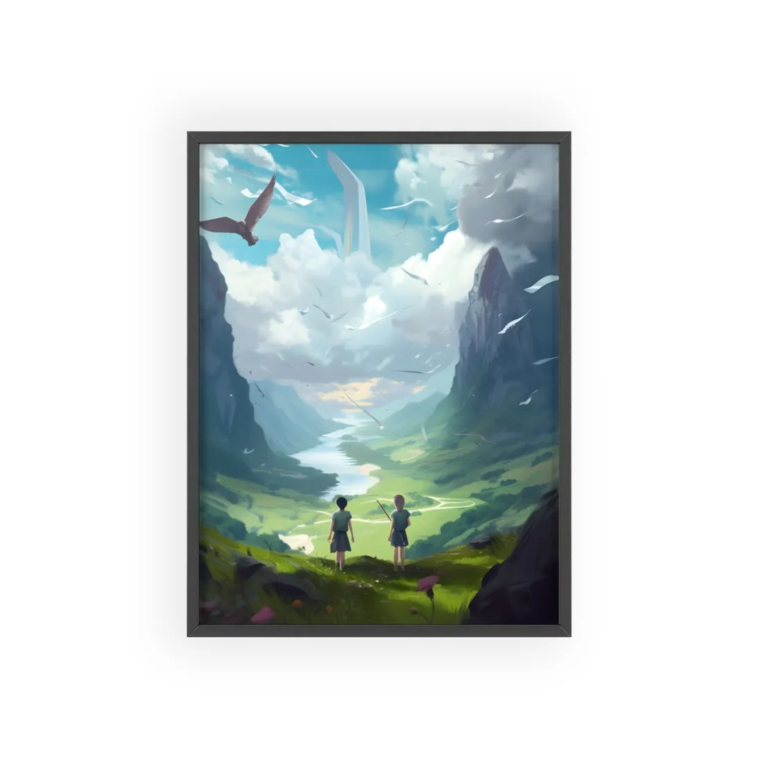 Tranquil Meadow Figures: Realistic Painting of People - Framed Poster