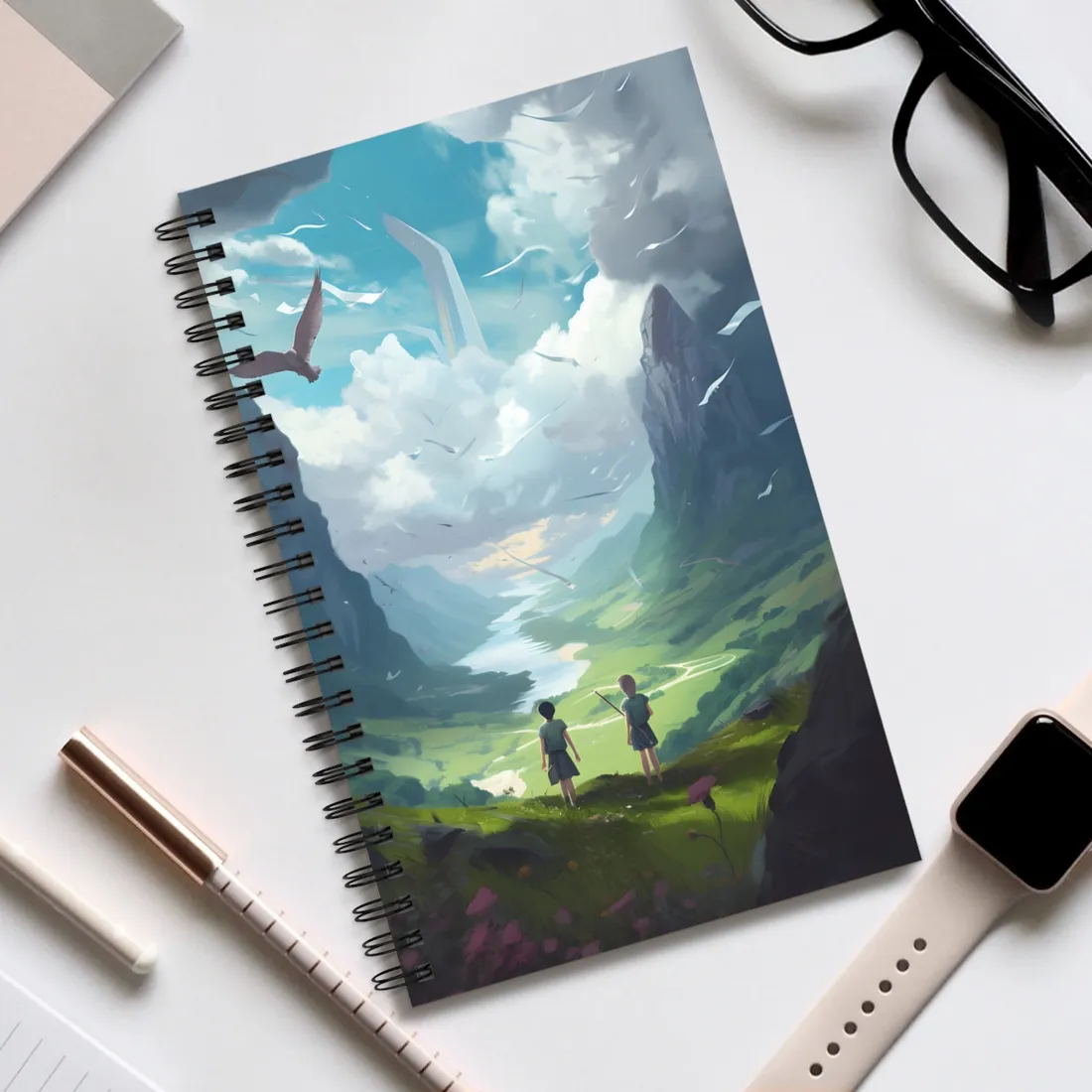 Tranquil Meadow Figures: Realistic Painting of People - Spiral Notebook