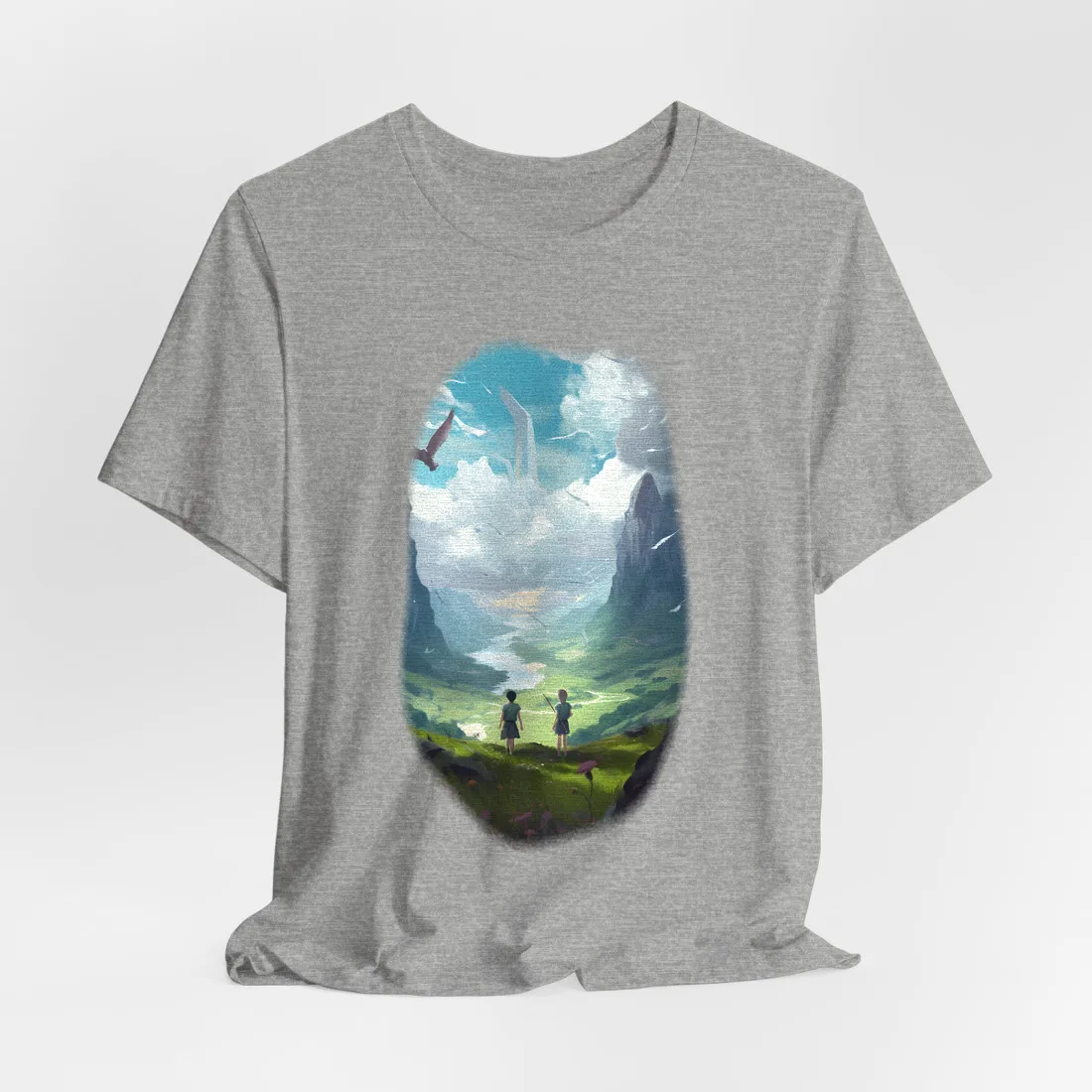 Two children on a grassy hilltop overlook a green valley and winding river – T-Shirt, athletic heather