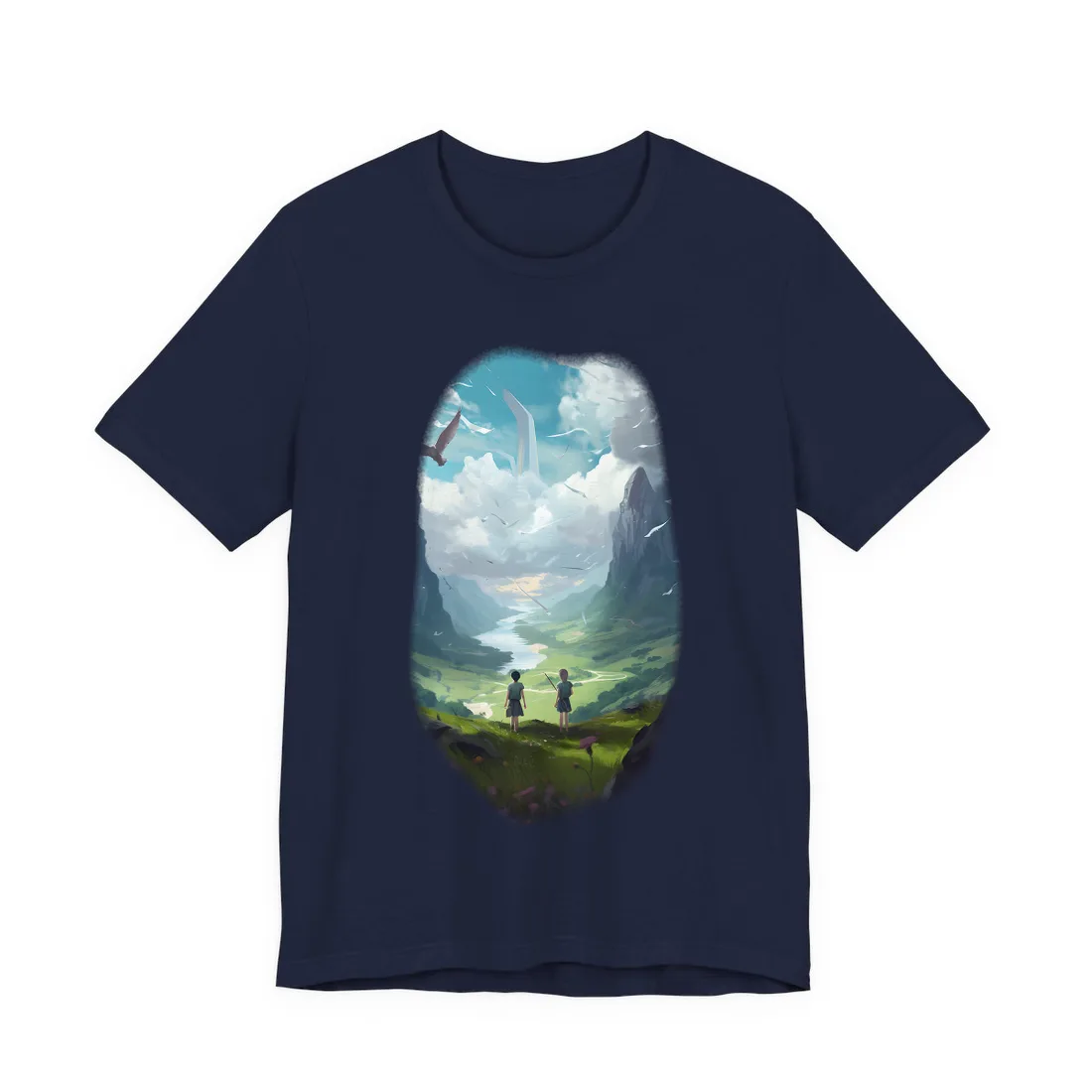 Two children on a grassy hilltop overlook a green valley and winding river – T-Shirt, navy