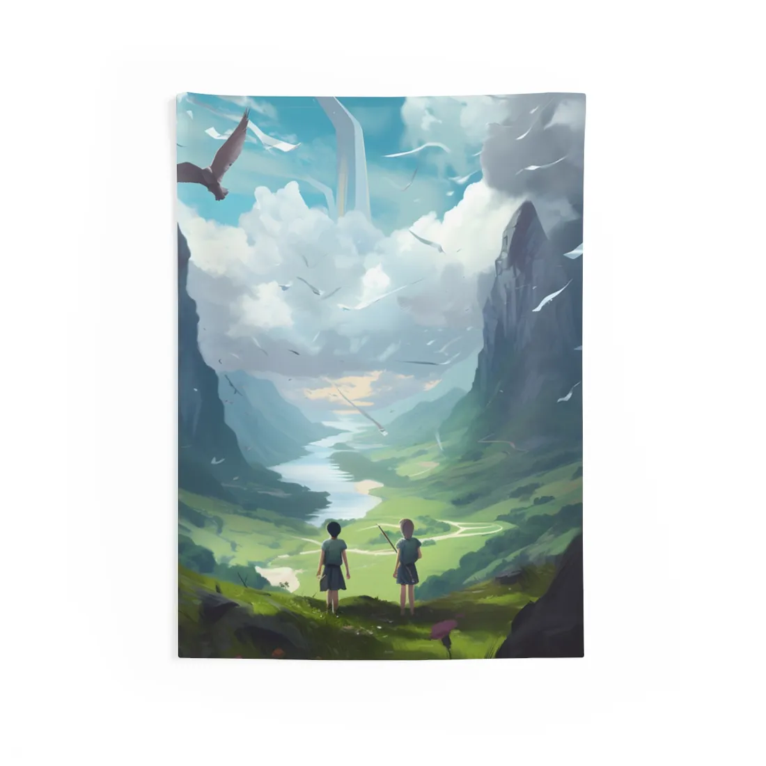 Tranquil Meadow Figures: Realistic Painting of People - Wall Tapestry