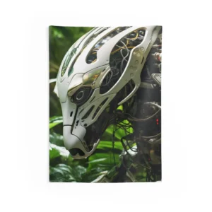 White Robotic Head in Jungle Wall Tapestry