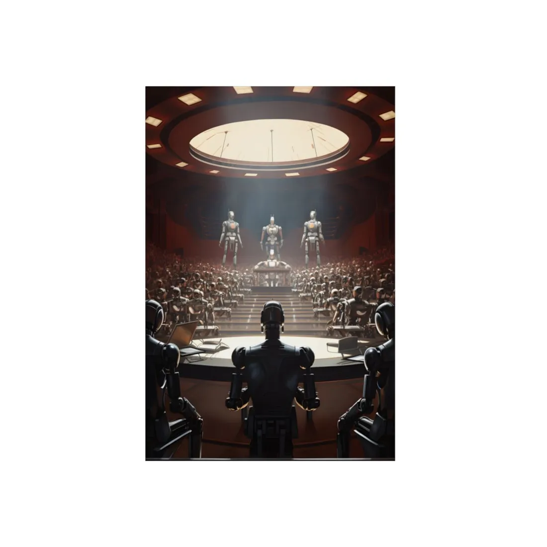 Tribunal of Machines: Robots Before an Assembly - Metal Poster