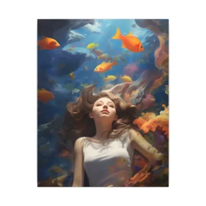 Woman Floating Among Goldfish Underwater Canvas Print
