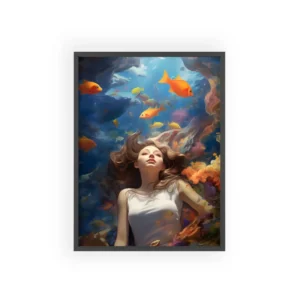 Woman Floating Among Goldfish Underwater Framed Poster