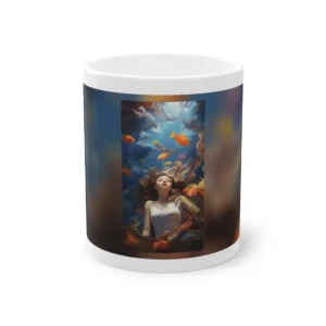 Woman Floating Among Goldfish Underwater Mug
