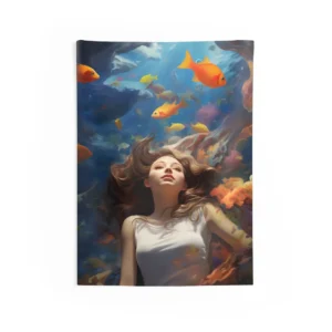 Woman Floating Among Goldfish Underwater Wall Tapestry