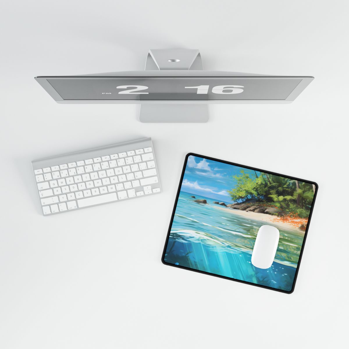Tropical Island Paradise: Serene Hut and Beach Scene - Desk Mat