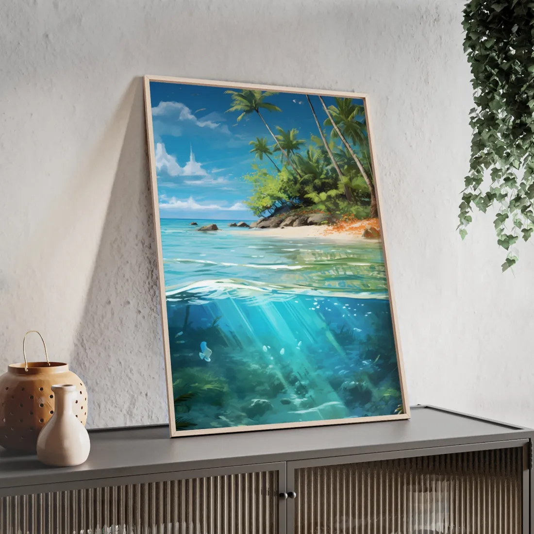 Tropical Island Paradise: Serene Hut and Beach Scene - Framed Poster