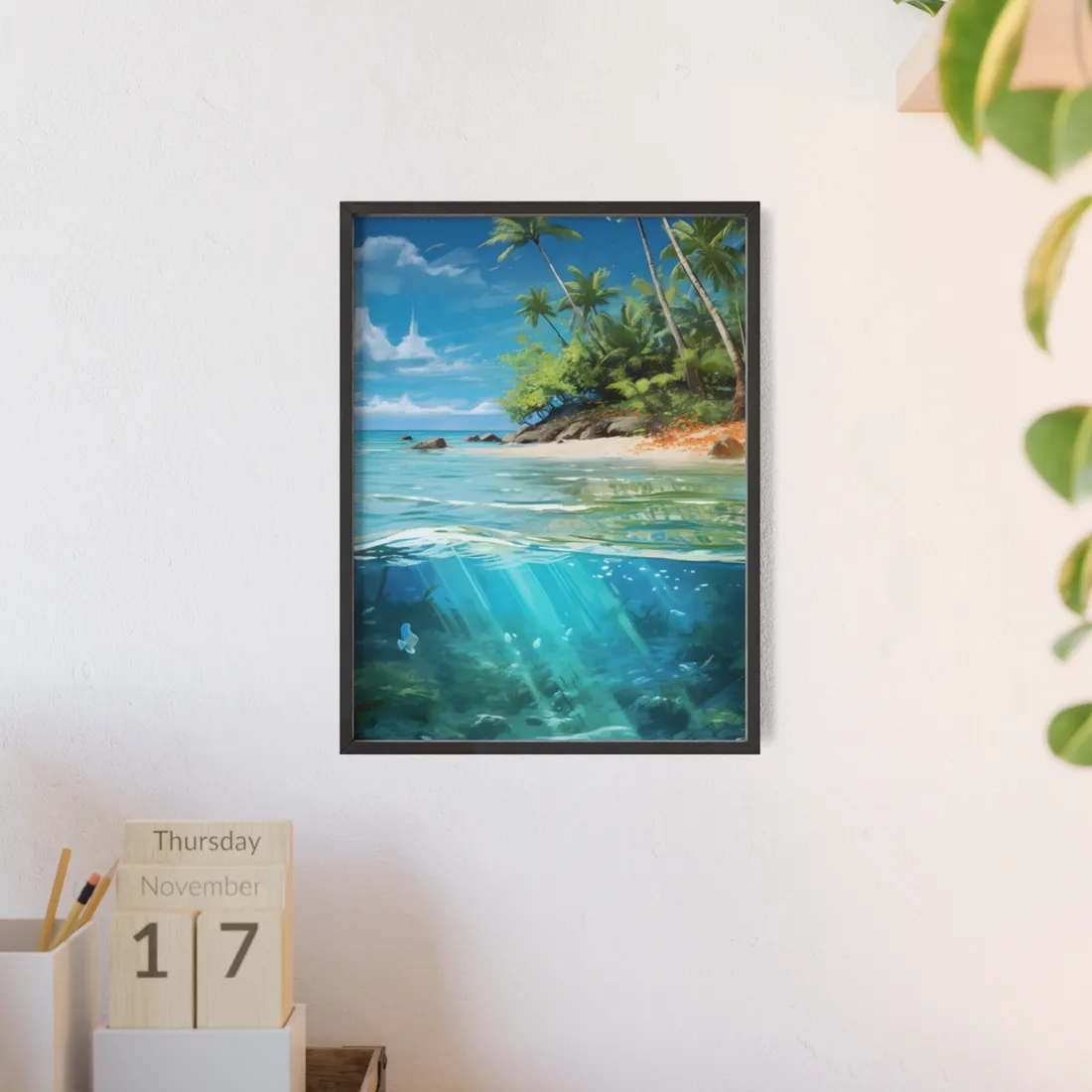 Tropical Island Paradise: Serene Hut and Beach Scene - Framed Poster