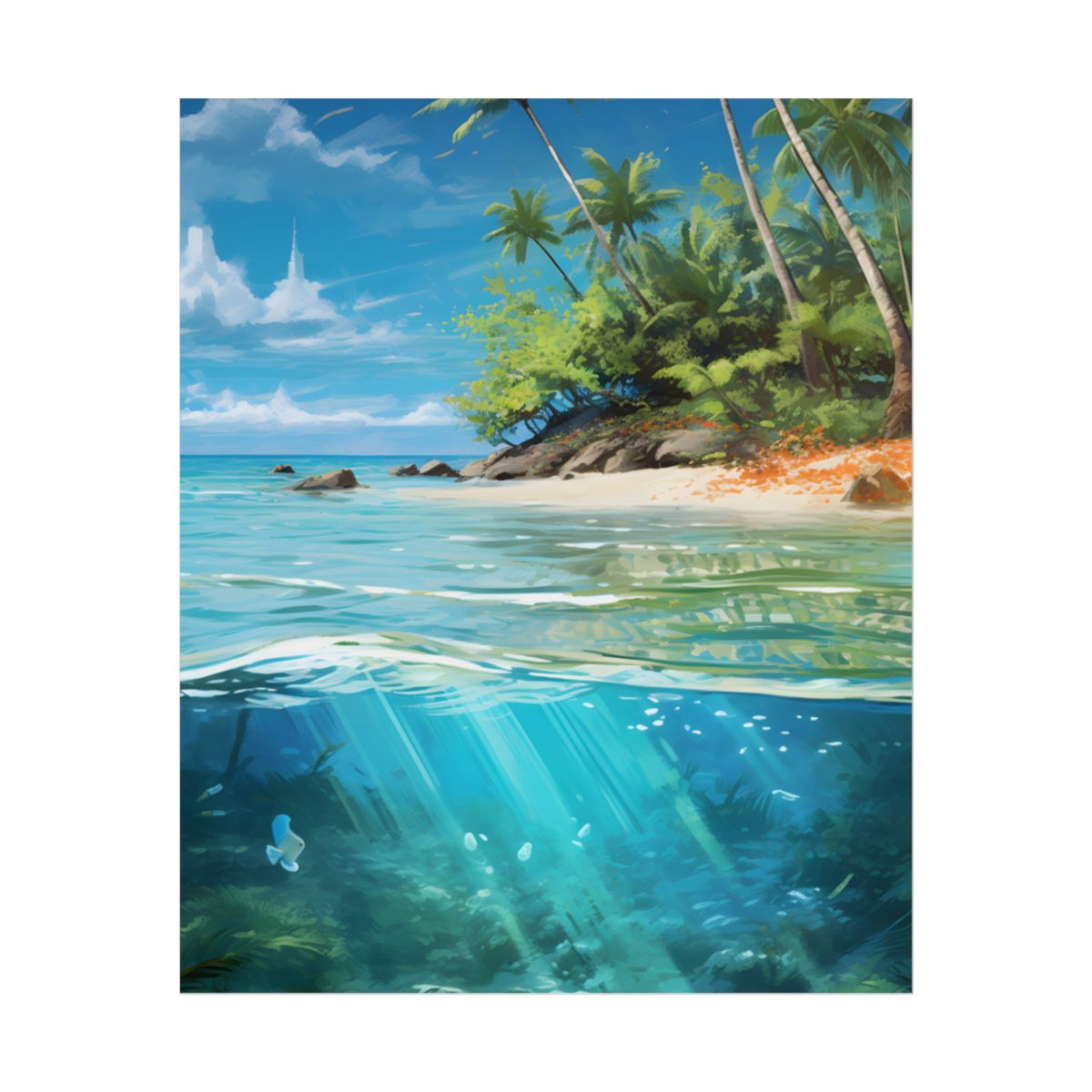 Tropical Island Paradise: Serene Hut and Beach Scene - Poster