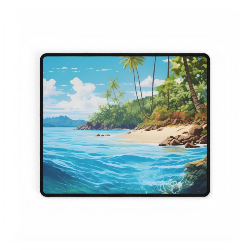 Tropical Island Serenity: Tranquil Sandy Beach with Palm Trees - Desk Mat