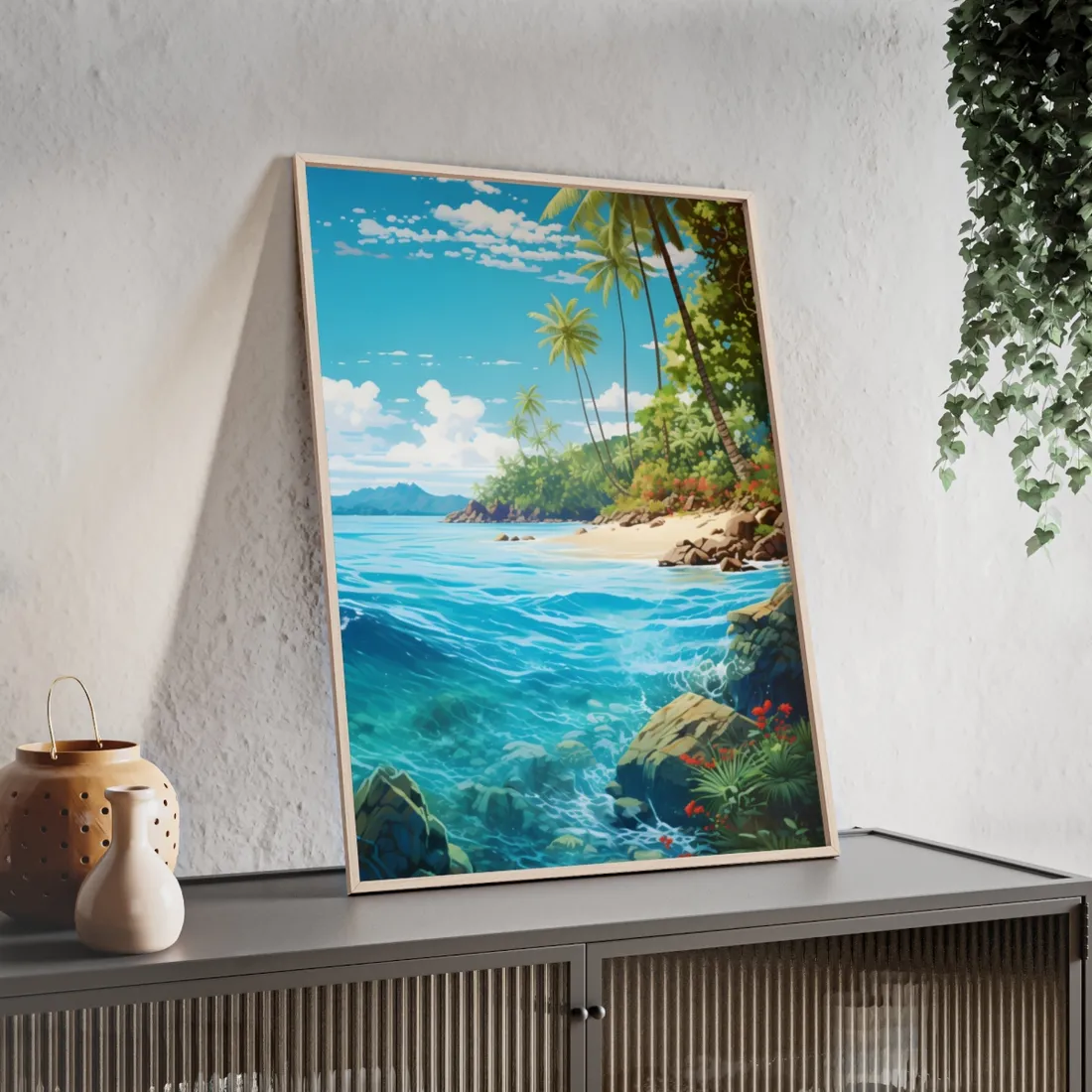 Tropical Island Serenity: Tranquil Sandy Beach with Palm Trees - Framed Poster