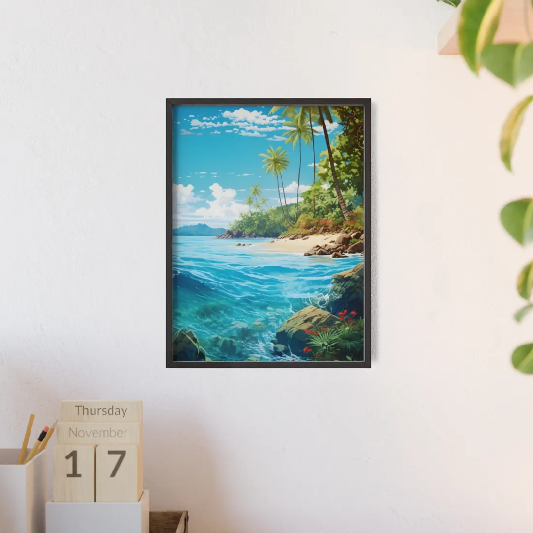 Tropical Island Serenity: Tranquil Sandy Beach with Palm Trees - Framed Poster