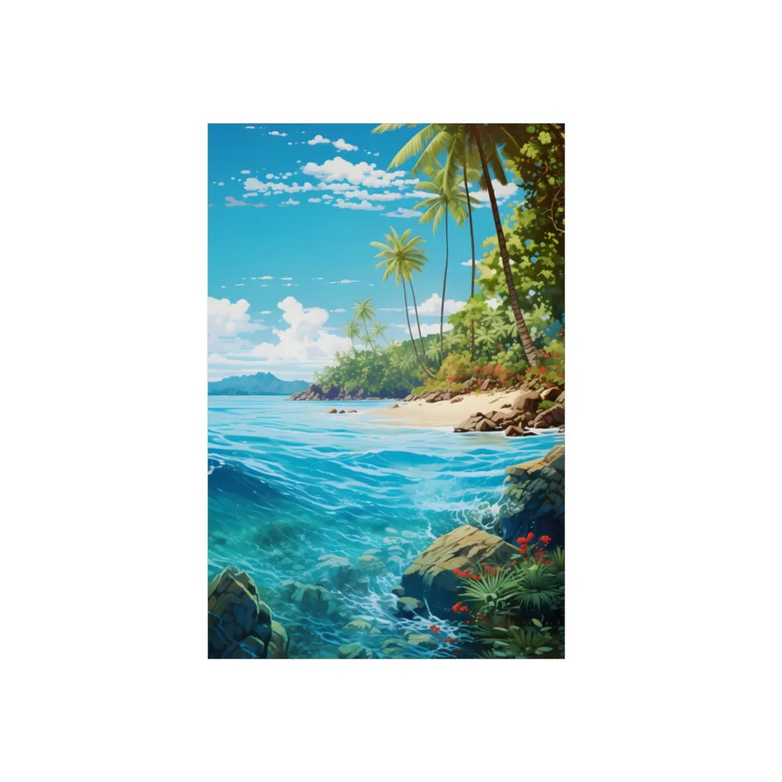 Tropical Island Serenity: Tranquil Sandy Beach with Palm Trees - Metal Poster