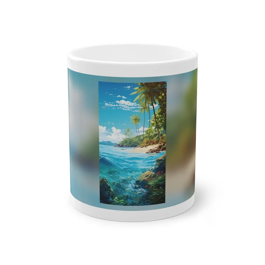 Tropical Island Serenity: Tranquil Sandy Beach with Palm Trees - Mug
