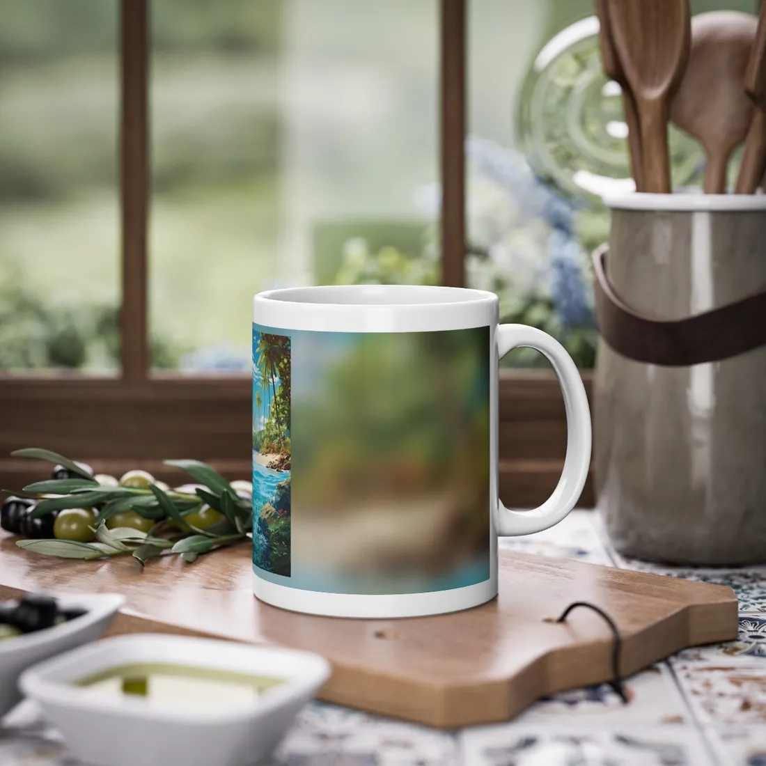 Tropical Island Serenity: Tranquil Sandy Beach with Palm Trees - Mug