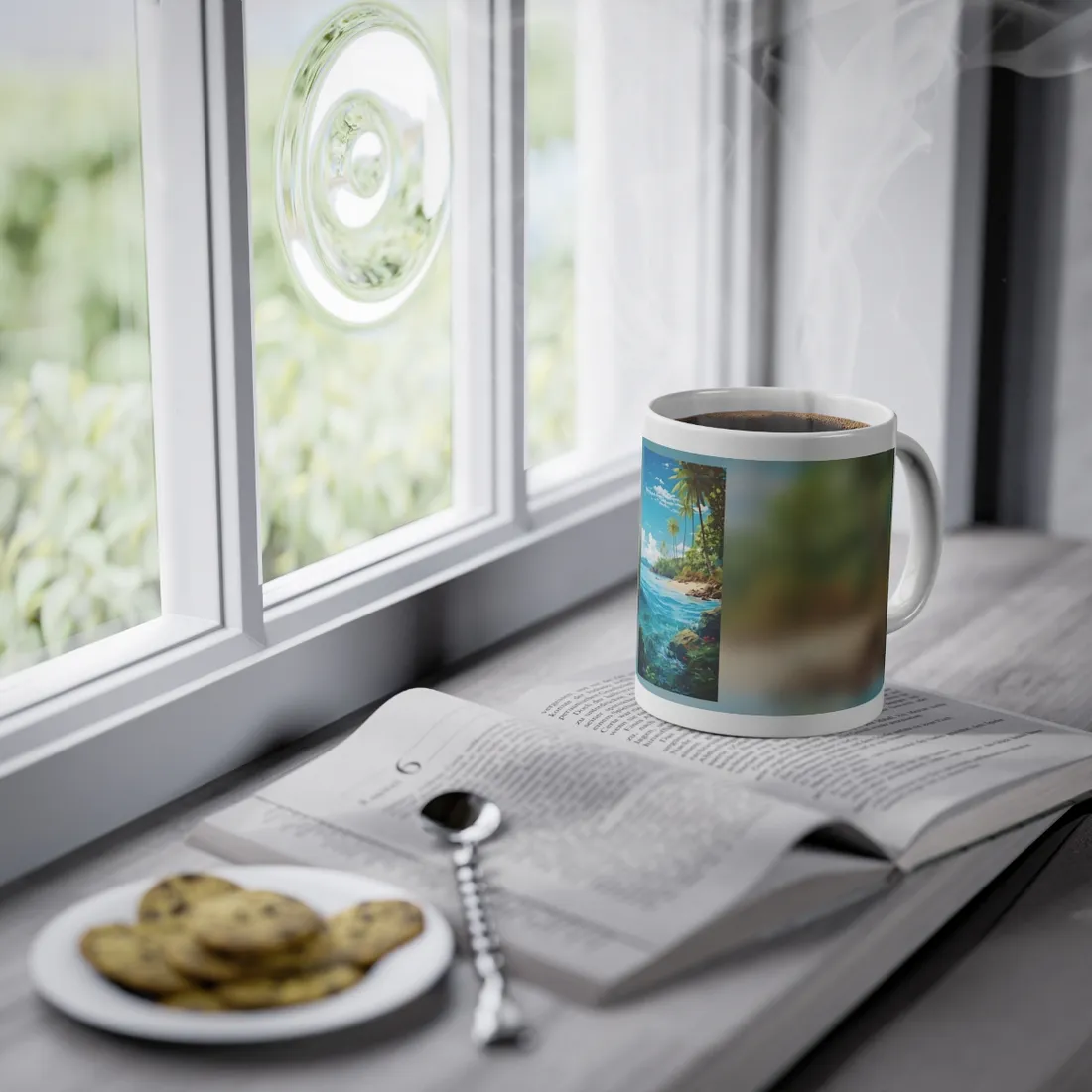 Tropical Island Serenity: Tranquil Sandy Beach with Palm Trees - Mug