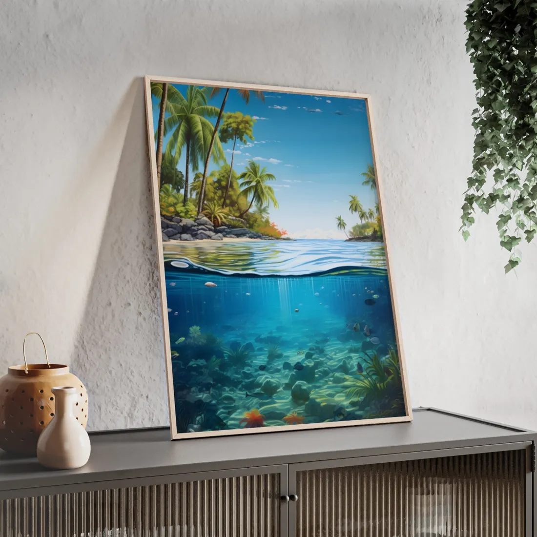 Tropical Island Tranquility: Serene Beach Scene Art - Framed Poster