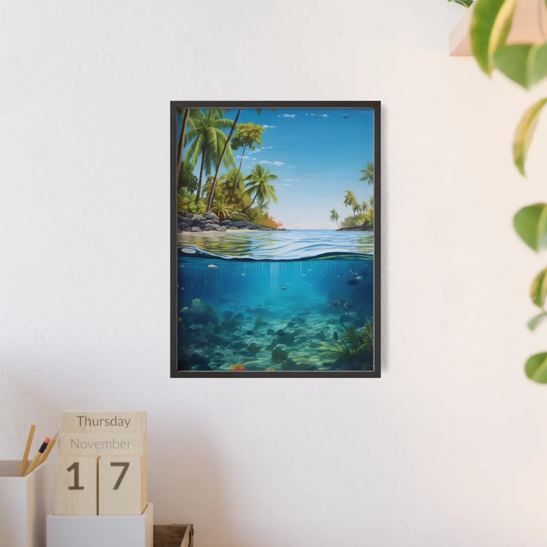 Tropical Island Tranquility: Serene Beach Scene Art - Framed Poster