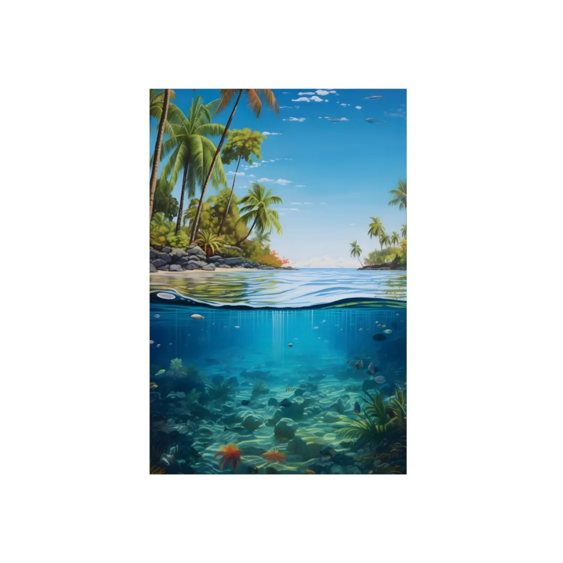 Tropical Island Tranquility: Serene Beach Scene Art - Metal Poster