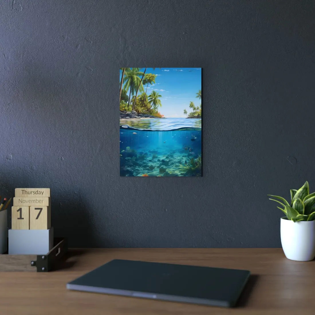 Tropical Island Tranquility: Serene Beach Scene Art - Metal Poster