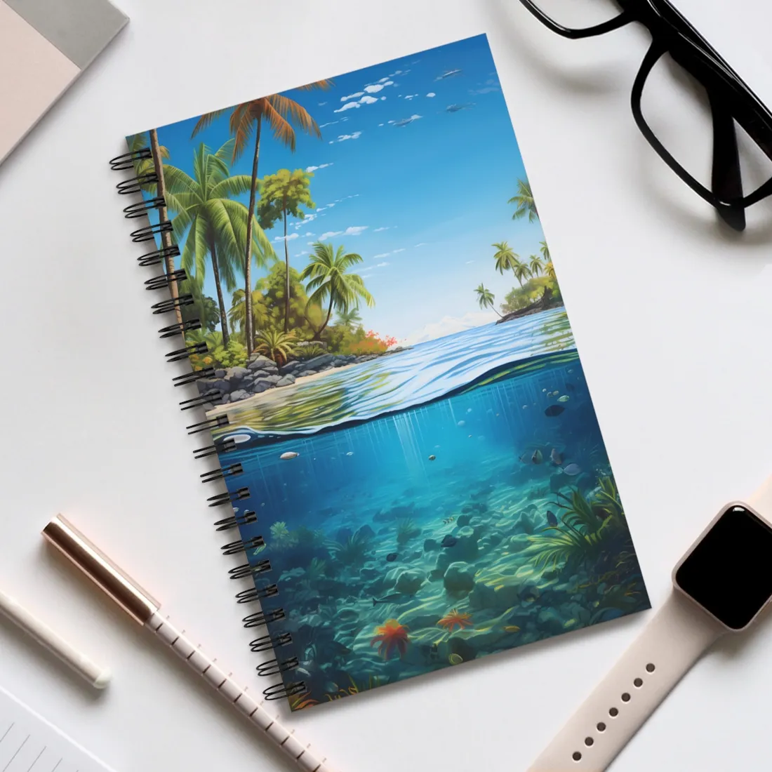 Tropical Island Tranquility: Serene Beach Scene Art - Spiral Notebook