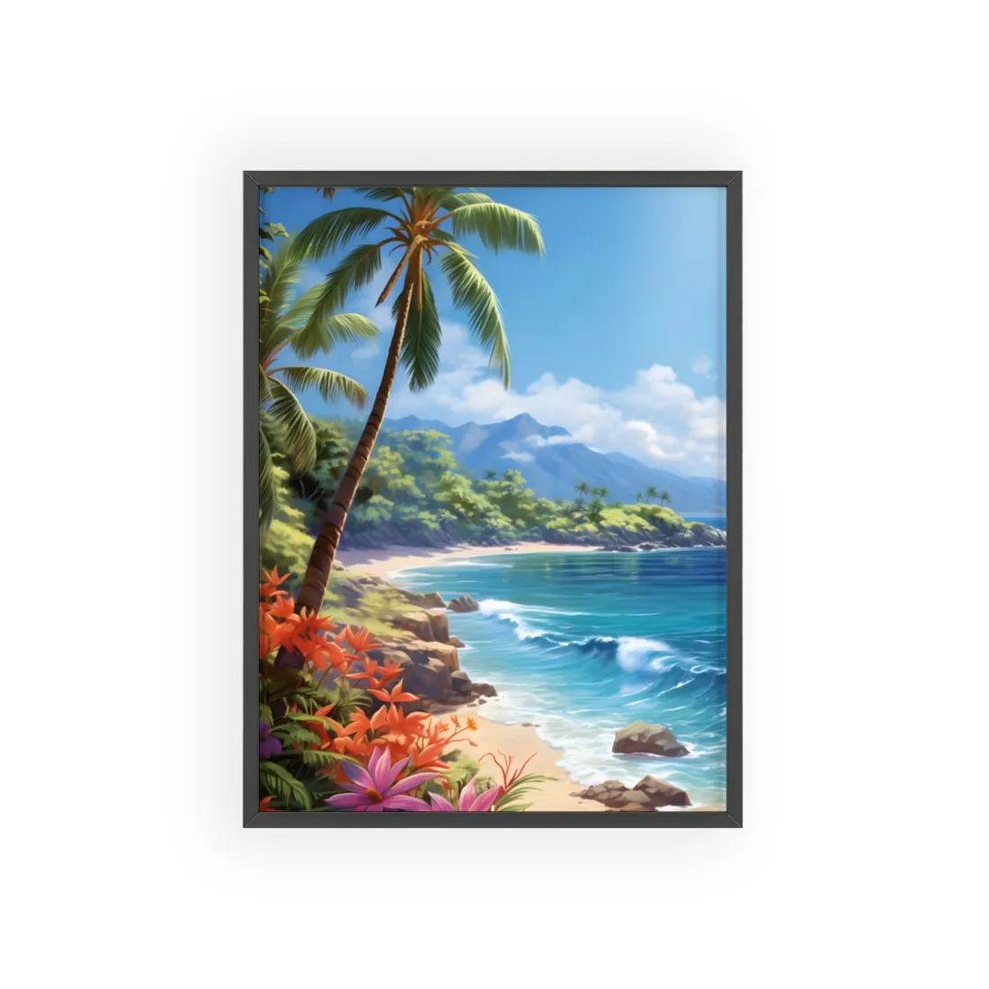 Tropical Paradise: Serene Island Oasis in Tranquil Blue Skies - Framed Poster