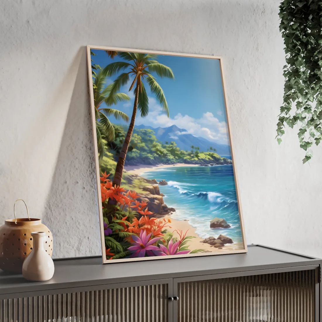 Tropical Paradise: Serene Island Oasis in Tranquil Blue Skies - Framed Poster