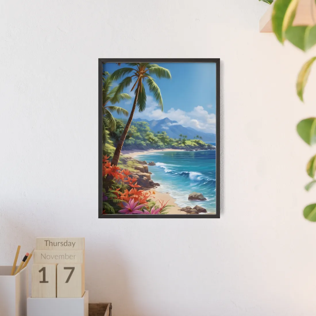 Tropical Paradise: Serene Island Oasis in Tranquil Blue Skies - Framed Poster